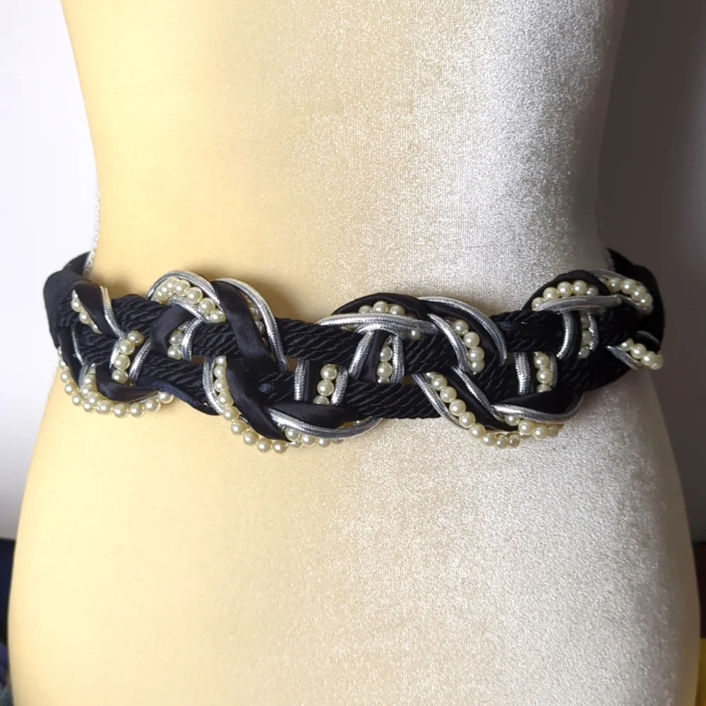 VINTAGE Ladies Belt Black Woven Ribbons & Pearls